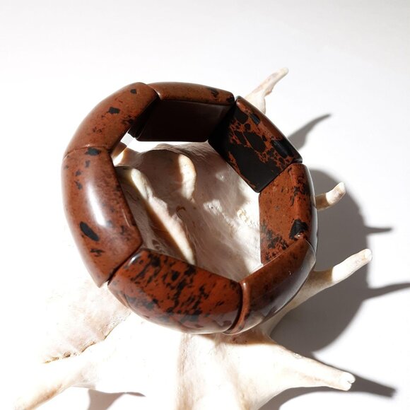 River Jasper Bracelet Natural Stone Brown Black Stretch Bangle - Picture 3 of 6